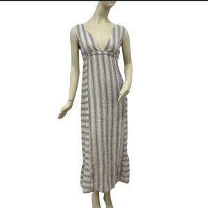100% linen long striped v-neck dress